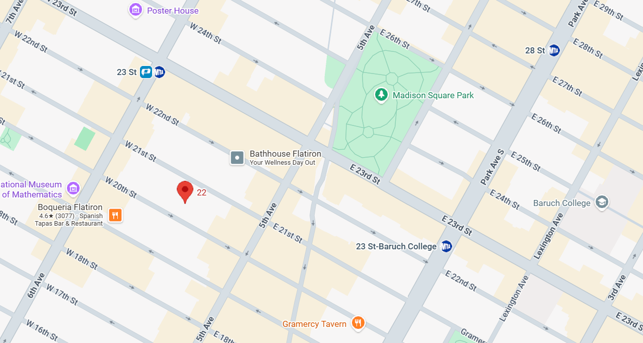 Map showing Amalfi Hardware's showroom location at 22 W 21st, Floors 5 & 6, New York, NY 10010 — click to open in Google Maps