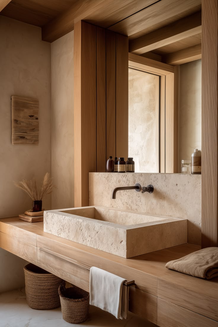 Warm, wood-paneled bathroom vanity with travertine stone sink