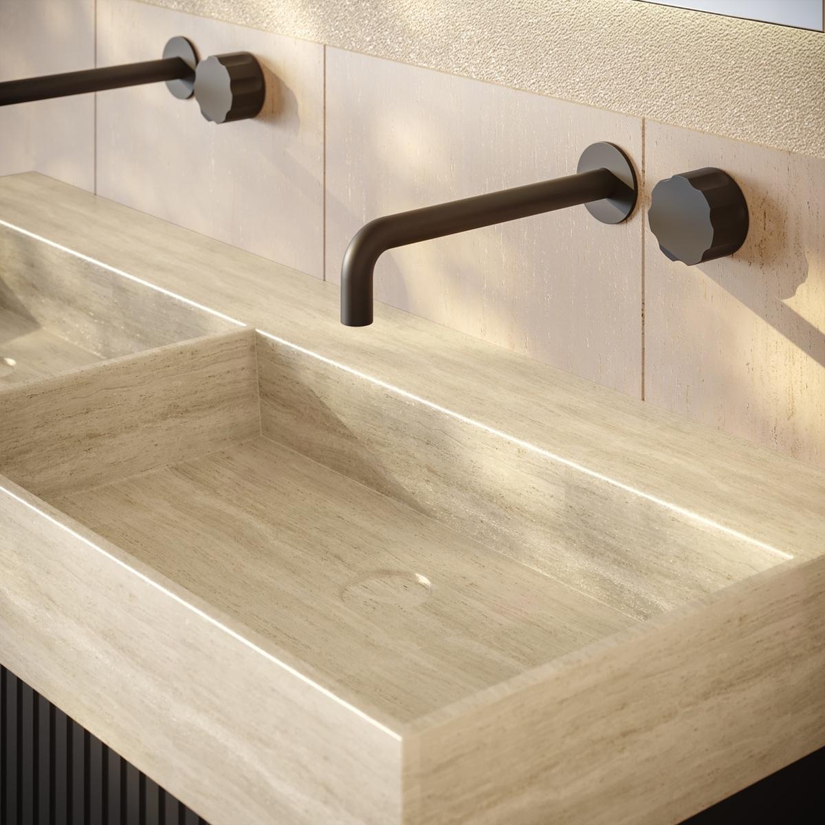 Dual travertine trough sink with matte black wall-mount faucets